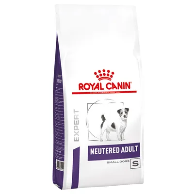Sac de croquettes Royal Canin Expert Neutered Adult Small Dogs S, avec image d’un petit chien et texte visible sur l’emballage.