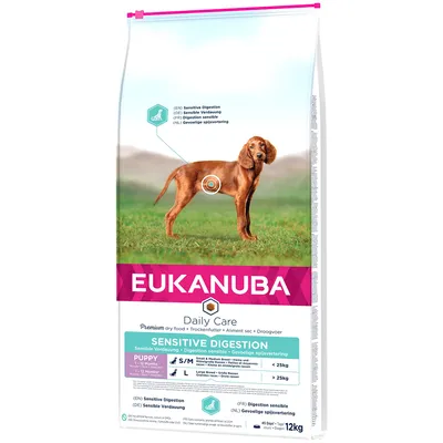 Eukanuba Daily Care Sensitive Digestion hrană uscată pentru câini. Potrivită pentru căței și rase mari. Ambalajul prezintă un câine cu accent pe sistemul digestiv. Conținut: 12 kg.