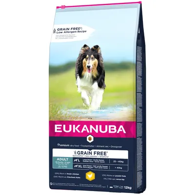 Eukanuba Premium hrană uscată pentru rase mari și foarte mari, fără cereale, bogată în carne proaspătă de pui. Pentru câini de 1-6 ani, greutate 25-40kg sau peste 40kg. Pachet 12kg.