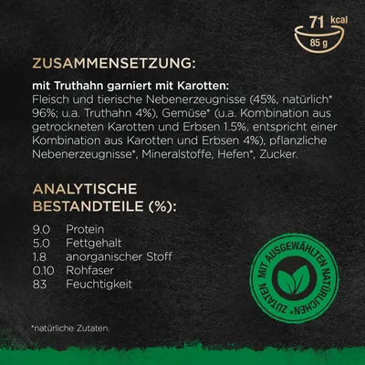 Состав и аналитические компоненты на немецком: белок 9 %, жир 5 %, зола 1,8 %, клетчатка 0,1 %, влага 83 %. Калорийность 71 ккал на 85 г. Знак: MIT AUSGEWÄHLTEN NATÜRLICHEN ZUTATEN.