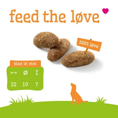 Kúsok krmiva so štítkom '100% løve', text 'feed the løve'. Veľkosti: 22 mm dĺžka, 10 mm priemer, 7 mm výška.