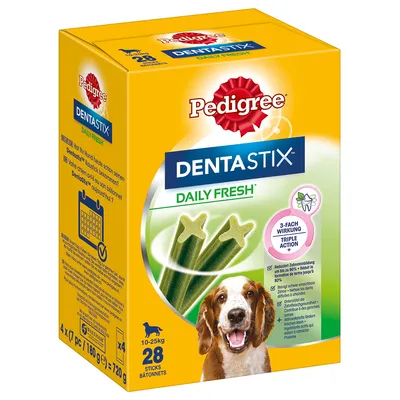 Pedigree Dentastix Daily Fresh, 28 Sticks für Hunde von 10-25kg. Mit 3-fach Wirkung zur Reduzierung von Zahnbelag und frischem Atem. Packungsgewicht: 720g.