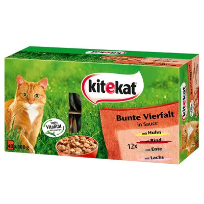 Kitekat Bunte Vielfalt in Sauce, 48 x 100 g. Synlig tekst: mit Huhn, mit Rind, mit Ente, mit Lachs. 100 % Vitalität. Billede af kat og skål med foder.