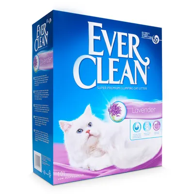 Caja de arena aglomerante para gatos Ever Clean Lavender, 10 L. Texto visible: 'Super Premium Clumping Cat Litter', 'Extreme Odour Elimination', 'Low Dust Formula'. Imagen de un gato blanco.
