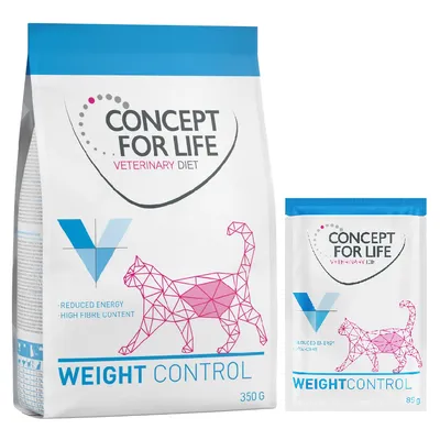 Concept for Life Veterinary Diet Weight Control Katzenfutter, reduzierte Energie, hoher Ballaststoffgehalt. Verpackungsgrößen: 350g und 85g.