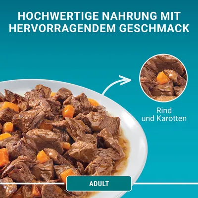 Texte en allemand : HOCHWERTIGE NAHRUNG MIT HERVORRAGENDEM GESCHMACK. Zoom sur morceaux de bœuf et carottes. Texte : Rind und Karotten. Étiquette : ADULT.