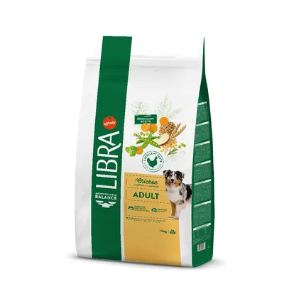 Balení krmiva pro psy Libra Mediterranean Balance Adult Chicken, 14 kg. Na obalu je obrázek psa a vyobrazené ingredience, viditelný nápis affinity.