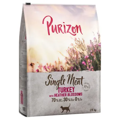Purizon Single Meat Turkey met heidebloesem, 70% dierlijke ingrediënten, 30% fruit en groenten, 0% granen. Droogvoer voor katten, 2,5 kg verpakking.