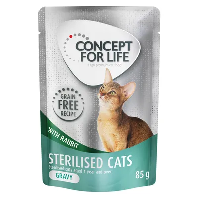 Concept for Life Sterilised Cats, recette sans céréales, au lapin, pour chats stérilisés dès 1 an, sauce gravy, sachet de 85 g. Texte en anglais visible sur l'emballage.