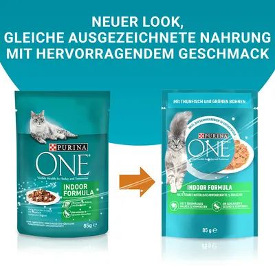 Purina ONE Indoor Formula. Neuer Look, gleiche ausgezeichnete Nahrung mit hervorragendem Geschmack. Mit Thunfisch und grünen Bohnen, hilft natürliche Abwehrkräfte zu erhalten.