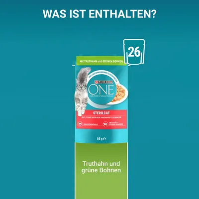 Purina ONE Sterilcat mit Truthahn und grünen Bohnen, 85g. Unterstützt gesunde Harnwege und Gewichtskontrolle. Verpackung zeigt Katze und Futterabbildung.