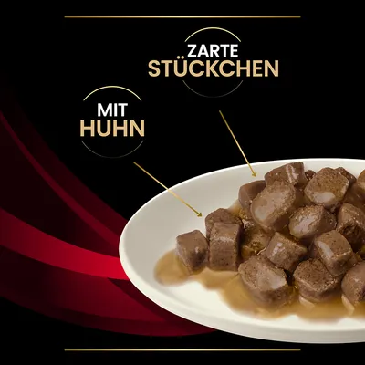 Zarte Stückchen mit Huhn, serviert in Sosse auf einem weissen Teller.