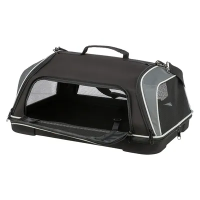 Sac de transport noir pour animaux, ouvert à l’avant, avec poignées, parties en maille filet sur les côtés et dessus, fermeture éclair visible, base rigide.