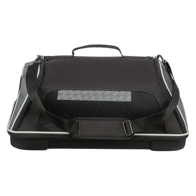Sac de transport noir avec poignée, bandoulière réglable et panneaux en maille pour aération visibles sur le devant et les côtés.