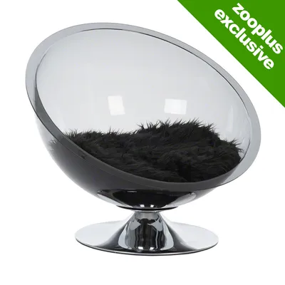 Modern round pet bed with transparent bowl design, chrome pedestal base and black furry cushion. Green corner label reads 'zooplus exclusive'.