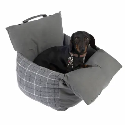Grey dog bed with checked pattern and soft cushions, dachshund sitting inside.