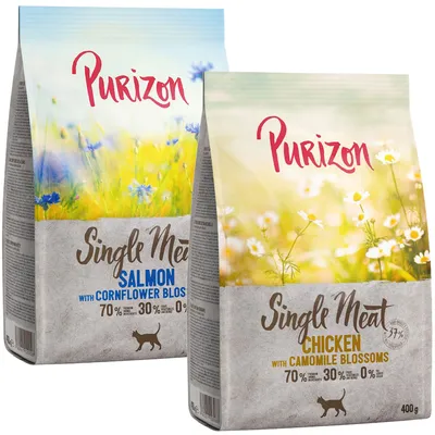 Purizon Single Meat suché krmivo pro kočky, varianty losos s chrpou a kuře s květy heřmánku, 70 % masa, 30 % zeleniny, 0 % obilovin, balení 400 g.