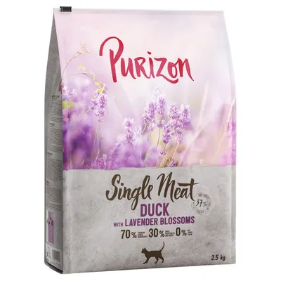 Purizon Single Meat Duck met lavendelbloesem, 2,5 kg. 70% dierlijke ingrediënten, 30% fruit en groenten, 0% granen. Voor katten.