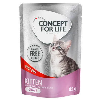 Concept for Life Kitten, recette sans céréales, au bœuf, pour chatons jusqu’à 12 mois, sauce gravy, sachet de 85 g. Texte en anglais sur l’emballage.