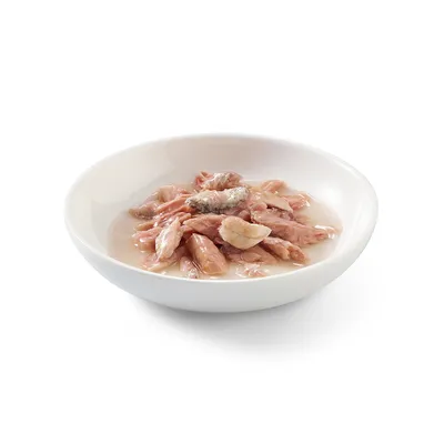 Skål med möra köttbitar i ljus sås, presenterad som våtfoder för husdjur.