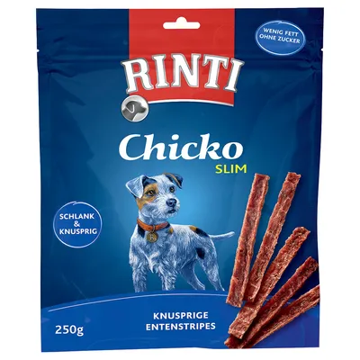 Rinti Chicko Slim, fâșii crocante de rață, 250g. Puține grăsimi, fără zahăr. Subțire și crocant.
