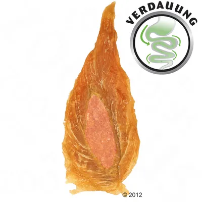 Gedroogde kauwsnack met vlezig middenstuk, rechtsboven cirkel met tekst 'VERDAUUNG' en een gestileerde tekening van een spijsverteringskanaal. Tekst in het Duits.