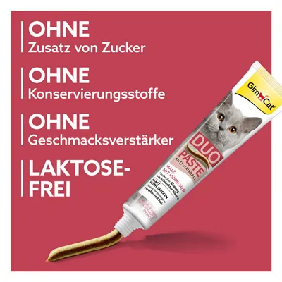 GimCat Duo Paste Anti-Hairball mit Huhn. Ohne Zuckerzusatz, ohne Konservierungsstoffe, ohne Geschmacksverstärker, laktosefrei.