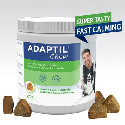 ADAPTIL Chew container with text: super tasty, fast calming, fast calming in stressful situations such as loud noises, starts to work quickly, delicious tasty soft chew, approx. 30 chews.