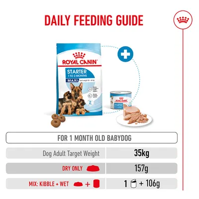 Feeding recommendation for a 1-month-old puppy with an adult weight of 35 kg: dry food, 157 g or a combination of 1 can of wet food and 106 g dry food daily. Feeding recommendation for a 1-month-old puppy with an adult weight of 35 kg: dry food, 157 g or a combination of 1 can of wet food and 106 g dry food daily.