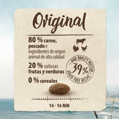 Original. 80 % carne, pescado e ingredientes de origen animal de alta calidad; 20 % frutas y verduras; 0 % cereales. Proteína 39 %. Tamaño del croqueta: 14–16 mm.