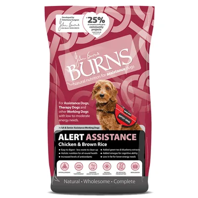 Burns Alert Assistance Chicken & Brown Rice food for assistance, therapy and working dogs. Key features: easy to digest, holistic nutrition, antioxidants, green tea, omegas, no artificial preservatives.