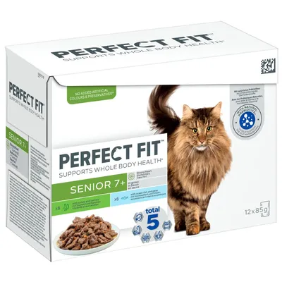 Confezione Perfect Fit Senior 7+ per gatti, 12x85g, visibile gatto a pelo lungo, scritte: 'supports whole body health', 'no added artificial colours & preservatives', immagine crocchette.