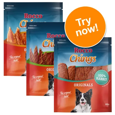 Three packs of Rocco Chings Originals with visible label stating 100% rabbit and a circular badge reading 'Try now!'. Each pack is 200g and marked as resealable.
