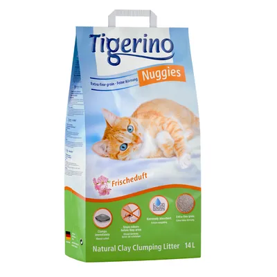 Arena aglomerante para gatos Tigerino Nuggies, fragancia Frischeduft, grano extrafino, extremadamente absorbente, 14 L. Texto en inglés y alemán visible en el envase.