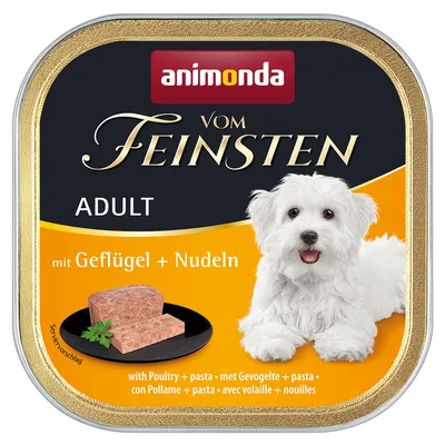 Animonda Vom Feinsten Adult s peradi i tjesteninom. Prijedlog serviranja: pašteta na crnom tanjuru, prikazan pas.