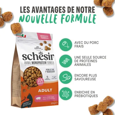 Schesir Animal Monoprotéine Formule Adulte avec viande de porc fraîche, 1 source de protéine, plus de saveur, enrichi en prébiotiques, 35 % de protéines, 1,5 kg.