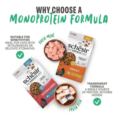 Schesir Monoprotein Formula macskaeledel: érzékenység esetén is alkalmas, átlátható összetétel friss hússal vagy hallal, felnőtt és ivartalanított változatokban elérhető.