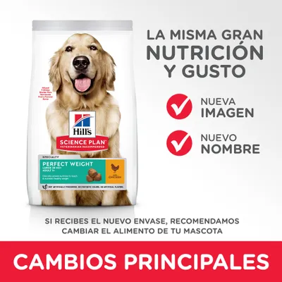Hill's Science Plan Perfect Weight Large 25 kg+ Adult con pollo. Nueva imagen y nuevo nombre, misma nutrición y gusto. Cambios principales en el envase recomendados para tu mascota.