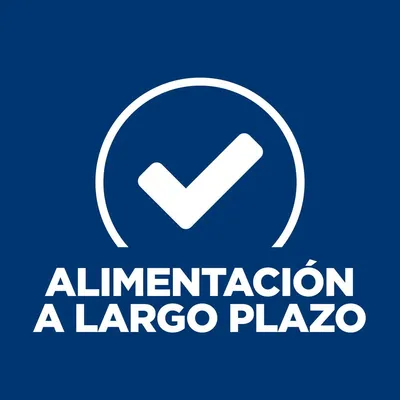 Texto: ALIMENTACIÓN A LARGO PLAZO con icono de marca de verificación dentro de un círculo.