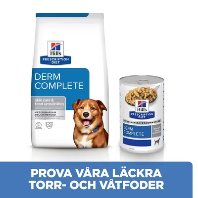 Hill's Prescription Diet Derm Complete torrfoderpåse och våtfoderburk. Text: Prova våra läckra torr- och våtfoder. Synlig text: skin care & food sensitivities, veterinarian recommended.
