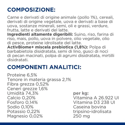 Composizione: carne e derivati animali (pollo 1%), cereali, uova, oli, verdure, frutta. Componenti analitici: proteine 6,5%, grassi 2,1%, fibra 0,52%, umidità 74,3%. Vitamina A, D3.