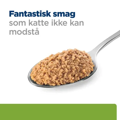 Ske med brun kattemad og teksten: Fantastisk smag som katte ikke kan modstå