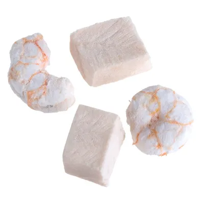 Quattro snack per animali in forme diverse, due cubi e due pezzi arrotondati di colore bianco con venature arancioni, su sfondo bianco.