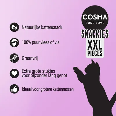 COSMA PURE LOVE SNACKIES XXL PIECES. Natuurlijke kattensnack, 100% puur vlees of vis, graanvrij, extra grote stukjes voor lang genot, ideaal voor grotere kattenrassen.