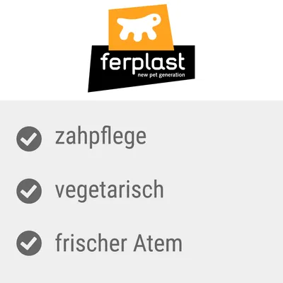 Ferplast Logo. Eigenschaften: Zahnpflege, vegetarisch, frischer Atem.