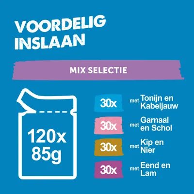 Mix Selectie: 120x85 g, elk 30x met tonijn en kabeljauw, garnaal en schol, kip en nier, eend en lam. Voordeelverpakking. Mix Selectie: 120x85 g, elk 30x met tonijn en kabeljauw, garnaal en schol, kip en nier, eend en lam. Voordeelverpakking.