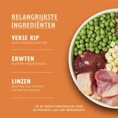 Belangrijkste ingrediënten: verse kip bevat voedzame eiwitten, erwten bevatten voedingsvezels, linzen bevatten vele soorten nuttige B-vitaminen. Zie productomschrijving voor volledige lijst.