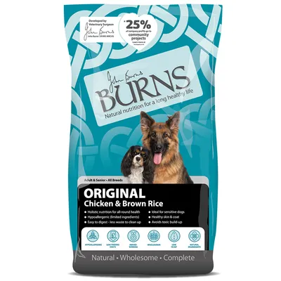 Burns Original Chicken & Brown Rice. Hypoallergenic, easily digestible, ideal for sensitive dogs. Developed by veterinarian John Burns. 25% of profits support community projects.