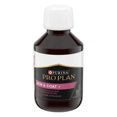 Purina Pro Plan Skin & Coat+ bottle, label text: helps promote skin health, helps coat glossiness and softness. Black and white bottle with white cap, partial cat silhouette visible.