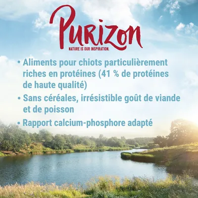 Purizon. Aliments pour chiots riches en protéines (41 %), sans céréales, goût viande et poisson, rapport calcium-phosphore adapté. Texte en français.
